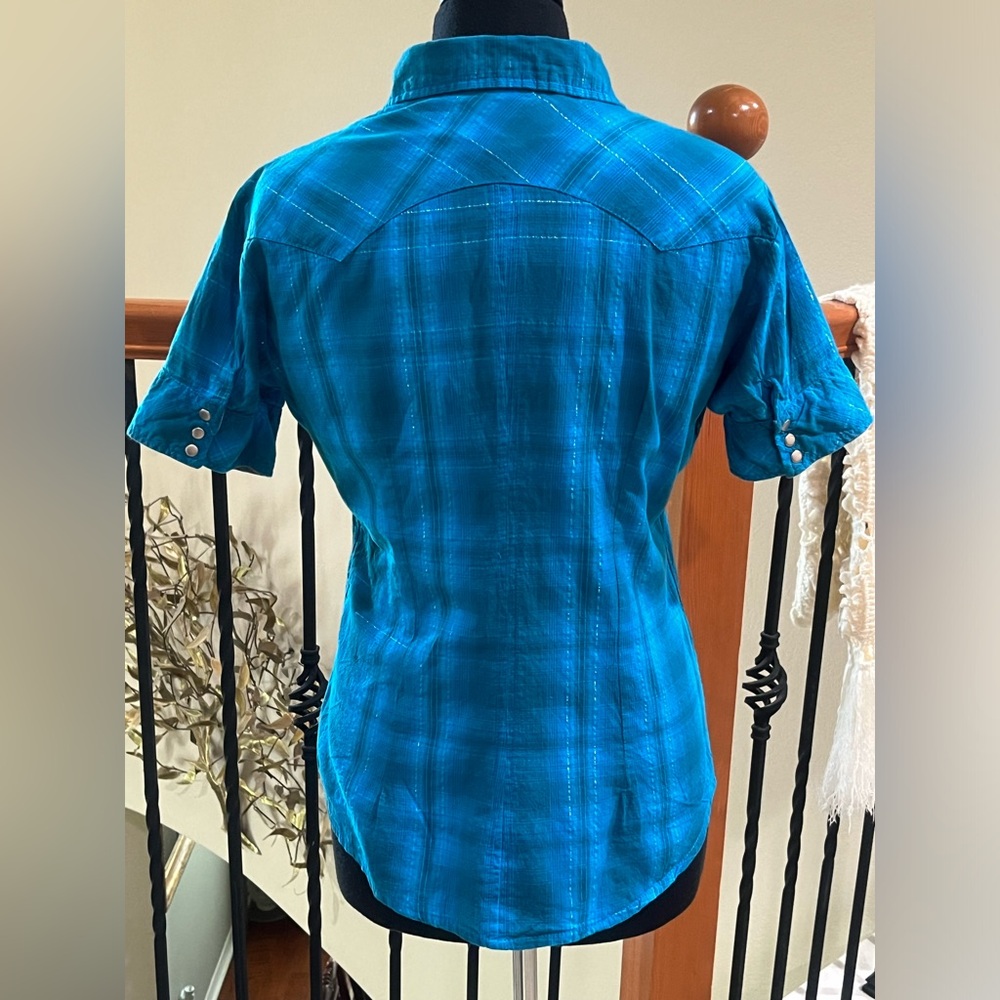 PANHANDLE SLIM Turquoise SHORT SLEEVE Plaid Snap-Front Western Shirt GIRL SIZE M - Picture 6 of 11